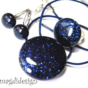 Kék aventurin csillogás üvegékszer szett, nyaklánc, gyűrű, kapcsos fülbevaló  -ajándék húsvétra ballagásra,, Ékszer, Ékszerszett, Ékszerkészítés, Üvegművészet, MESKA