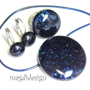 Kék aventurin csillogás üvegékszer szett, nyaklánc, gyűrű, kapcsos fülbevaló  -ajándék húsvétra ballagásra, - ékszer - ékszerszett - Meska.hu