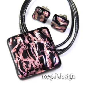 Rózsaszín fekete galaxis üvegékszer szett, nyaklánc, stiftes fülbevaló - ékszer - ékszerszett - Meska.hu