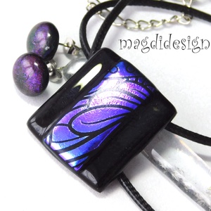 Lila mintás dichroic feketén üvegékszer szett stiftes fülbevaló  - Meska.hu