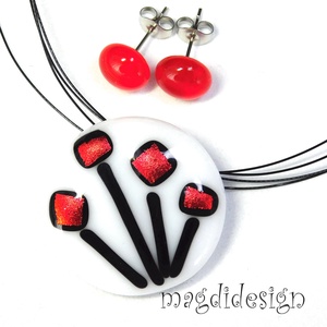 Vöröslő rügyfakadás üvegékszer szett, nyaklánc,  stiftes fülbevaló - Meska.hu