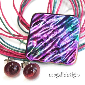 Bíbor-türkiz selyemcukor üvegékszer szett nyaklánc pötty fülbevaló  - Meska.hu