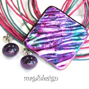 Bíbor-türkiz selyemcukor üvegékszer szett nyaklánc pötty fülbevaló  - ékszer - ékszerszett - Meska.hu