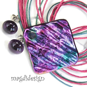 Bíbor-türkiz selyemcukor üvegékszer szett nyaklánc pötty fülbevaló  - ékszer - ékszerszett - Meska.hu