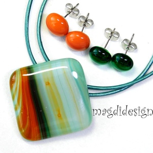 Türkiz barna beige csíkos üvegékszer szett nyaklánc 2 pár stiftes fülbevaló - ékszer - ékszerszett - Meska.hu