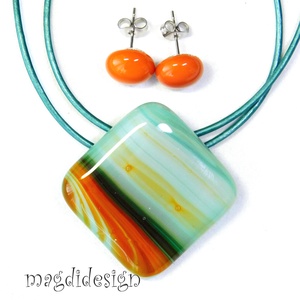 Türkiz barna beige csíkos üvegékszer szett nyaklánc 2 pár stiftes fülbevaló - ékszer - ékszerszett - Meska.hu