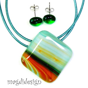 Türkiz barna beige csíkos üvegékszer szett nyaklánc 2 pár stiftes fülbevaló - ékszer - ékszerszett - Meska.hu