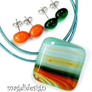 Türkiz barna beige csíkos üvegékszer szett nyaklánc 2 pár stiftes fülbevaló, Ékszer, Ékszerszett, Ékszerkészítés, Üvegművészet, MESKA