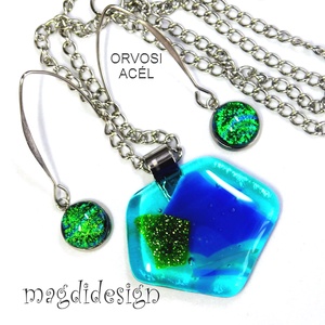 Csillogó kék-zöld üvegékszer szett, nyaklánc, lógós fülbevaló , Ékszer, Ékszerszett, Ékszerkészítés, Üvegművészet, MESKA