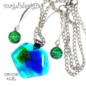 Csillogó kék-zöld üvegékszer szett, nyaklánc, lógós fülbevaló  - ékszer - ékszerszett - Meska.hu