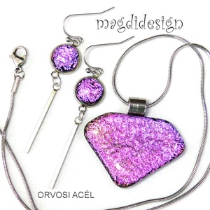 Csillogó élénk rózsaszín üvegékszer szett, nyaklánc, lógós fülbevaló  - Meska.hu