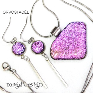 Csillogó élénk rózsaszín üvegékszer szett, nyaklánc, lógós fülbevaló  - ékszer - ékszerszett - Meska.hu