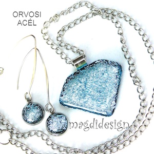 Csillogó ezüst üvegékszer szett, nyaklánc, lógós fülbevaló  - Meska.hu