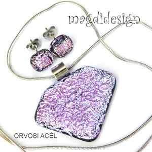 Csillogó élénk rózsaszín üvegékszer szett, nyaklánc, stiftes fülbevaló , Ékszer, Ékszerszett, Ékszerkészítés, Üvegművészet, MESKA