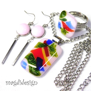 Tavaszirét üvegékszer szett, nyaklánc, gyűrű, lógós fülbevaló - ékszer - ékszerszett - Meska.hu