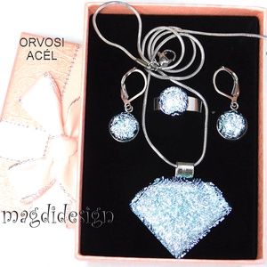 Csillogó ezüst üvegékszer szett, nyaklánc, gyűrű, kapcsos fülbevaló , Ékszer, Ékszerszett, Ékszerkészítés, Üvegművészet, MESKA
