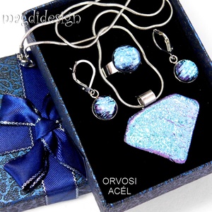 Csillogó színjátszó kék üvegékszer szett, nyaklánc, gyűrű, kapcsos fülbevaló , Ékszer, Ékszerszett, Ékszerkészítés, Üvegművészet, MESKA