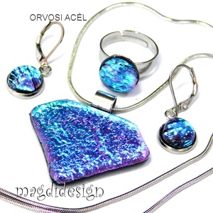 Csillogó színjátszó kék üvegékszer szett, nyaklánc, gyűrű, kapcsos fülbevaló  - ékszer - ékszerszett - Meska.hu