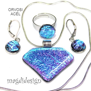 Csillogó színjátszó kék üvegékszer szett, nyaklánc, gyűrű, kapcsos fülbevaló  - ékszer - ékszerszett - Meska.hu