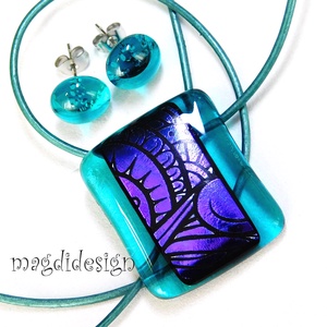 Lila mintás dichroic türkizen üvegékszer szett stiftes fülbevaló 2 - ékszer - ékszerszett - Meska.hu