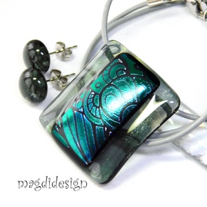 Türkiz mintás dichroic szürken üvegékszer szett stiftes fülbevaló  - Meska.hu