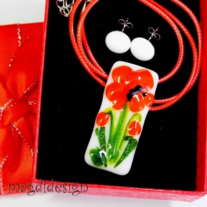 Tüzes pipacs üvegékszer szett nyaklánc, stiftes fülbevló 1 - ékszer - ékszerszett - Meska.hu