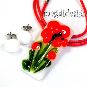 Tüzes pipacs üvegékszer szett nyaklánc, stiftes fülbevló 1 - Meska.hu