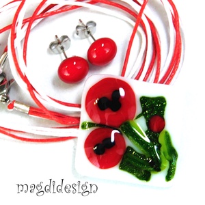 Pipacsok üvegékszer szett nyaklánc, stiftes fülbevló 3, Ékszer, Ékszerszett, Ékszerkészítés, Üvegművészet, MESKA