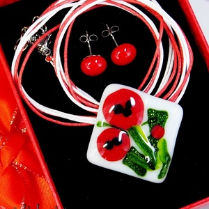 Pipacsok üvegékszer szett nyaklánc, stiftes fülbevló 3 - ékszer - ékszerszett - Meska.hu