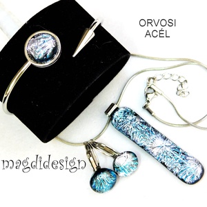 Ezüst aqua üvegékszer szett nyaklánc nyílhegy karkötő kapcsos fülbevaló - ékszer - ékszerszett - Meska.hu