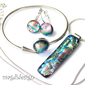 Türkiz-rózsaszín üvegékszer szett nyaklánc nyílhegy karkötő kapcsos fülbevaló - Meska.hu