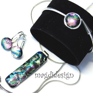 Türkiz-rózsaszín üvegékszer szett nyaklánc nyílhegy karkötő kapcsos fülbevaló - ékszer - ékszerszett - Meska.hu