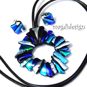 Ezüst-kék borzaska üvegékszer szett nyaklánc fülbevaló--  Ballagásra, születésnapra, névnapra - ékszer - ékszerszett - Meska.hu