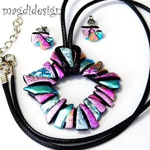 Csillogó ezüst-rózsaszín dichroic üvegékszer szett nyaklánc fülbevaló - Meska.hu