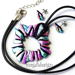 Csillogó ezüst-rózsaszín dichroic üvegékszer szett nyaklánc fülbevaló - ékszer - ékszerszett - Meska.hu