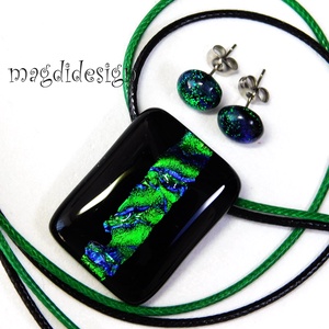 Fekete smaragd csíkos dichroic üvegékszer szett nyaklánc stiftes fülbevaló - Meska.hu