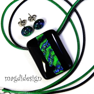Fekete smaragd csíkos dichroic üvegékszer szett nyaklánc stiftes fülbevaló - ékszer - ékszerszett - Meska.hu