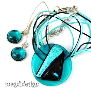 Türkiz-fekete színjáték dichroic üvegékszer szett lógó fülbevaló - ékszer - ékszerszett - Meska.hu