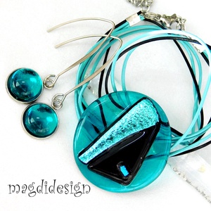 Türkiz-fekete színjáték dichroic üvegékszer szett lógó fülbevaló - ékszer - ékszerszett - Meska.hu