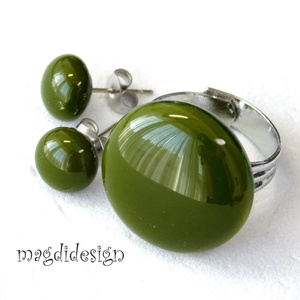 Mohazöld üvegékszer szett gyűrű, fülbevaló - Meska.hu