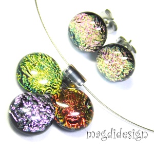 Arany-vörös-rózsaszín dichroic bogyós színtrió üvegékszer szett nyaklánc stiftes fülbevaló - Meska.hu