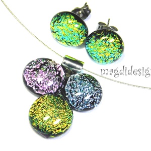 Arany-ezüst-rózsaszín dichroic bogyós színtrió üvegékszer szett nyaklánc stiftes fülbevaló - Meska.hu