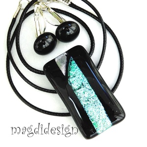 Türkiz-ezüst feketén dichroic üvegékszer szett kapcsos fülbevaló - Meska.hu