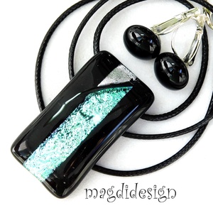 Türkiz-ezüst feketén dichroic üvegékszer szett kapcsos fülbevaló - ékszer - ékszerszett - Meska.hu