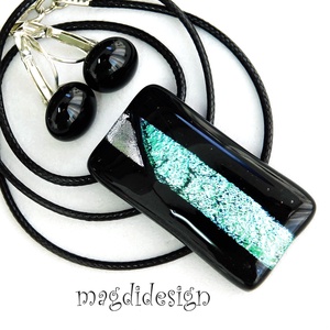 Türkiz-ezüst feketén dichroic üvegékszer szett kapcsos fülbevaló - ékszer - ékszerszett - Meska.hu