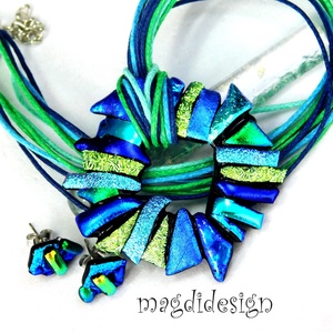 Csillogó kék-zöld-arany üvegékszer szett nyaklánc stiftes fülbevaló - ékszer - ékszerszett - Meska.hu