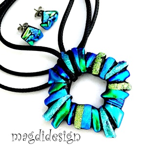 Kék-zöld borzaska üvegékszer szett nyaklánc stiftes fülbevaló - Meska.hu