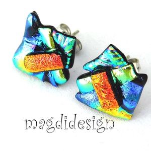 NEMESACÉL! Kék- narancs  borzaska dichroic üvegékszer stiftes fülbevaló  - Meska.hu