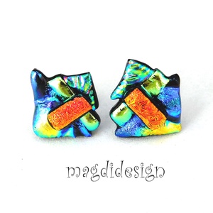 NEMESACÉL! Kék- narancs  borzaska dichroic üvegékszer stiftes fülbevaló  - ékszer - fülbevaló - pötty fülbevaló - Meska.hu