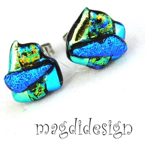 NEMESACÉL! Türkiz-kék-arany borzaska dichroic üvegékszer stiftes fülbevaló  - Meska.hu